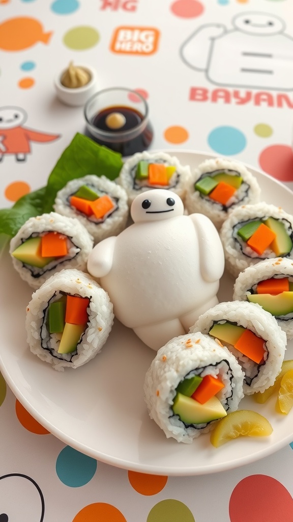 Colorful Baymax sushi rolls with avocado, cucumber, and carrots, served with soy sauce and garnished with sesame seeds.